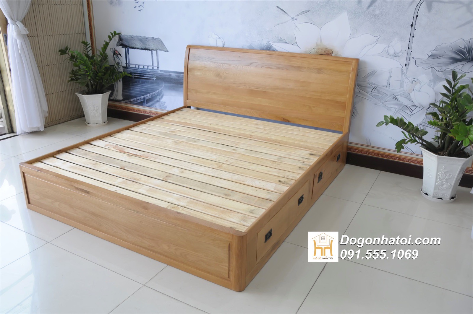 Giường ngủ gỗ sồi Mỹ đầu cong có ngăn kéo đẹp - GN316