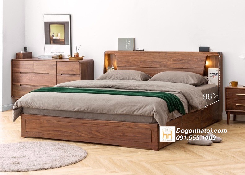 Mẫu giường gỗ sồi đẹp màu óc chó hiện đại giá rẻ 1m8, 2m - GN622