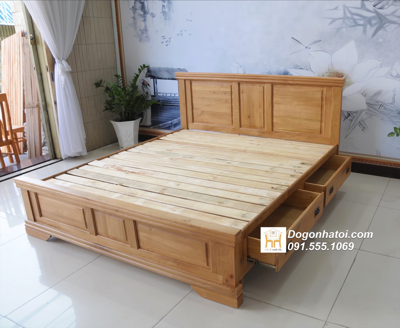 Giường gỗ sồi Mỹ có ngăn kéo hông giá rẻ 1m6, 1m8 - GN315