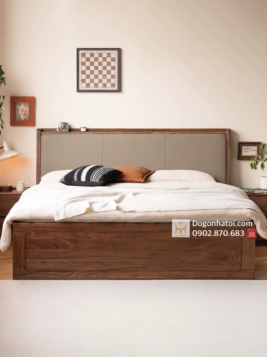 Giường ngủ gỗ sồi tự nhiên có bọc nệm đầu giường