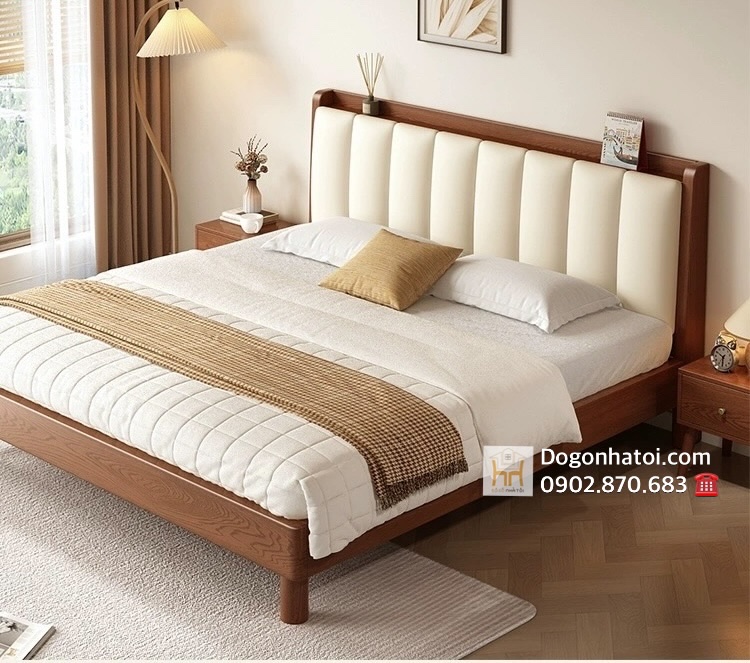 Giường ngủ gỗ sồi màu óc chó bọc nệm đầu giường
