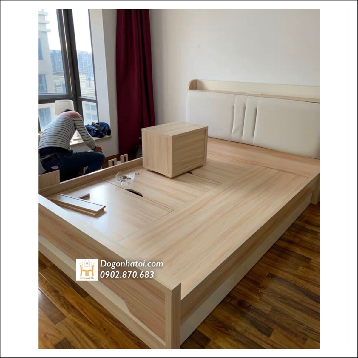 Giường ngủ gỗ MDF thông minh có ngăn kéo màu gỗ sồi GN-519