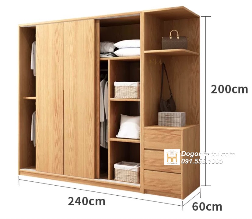 Tủ quần áo gỗ sồi cửa lùa cao cấp C2m xD2m4 - TA238 (4.200k/m2)