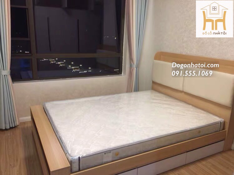 Giường ngủ gỗ MDF thông minh có ngăn kéo màu gỗ sồi GN-519