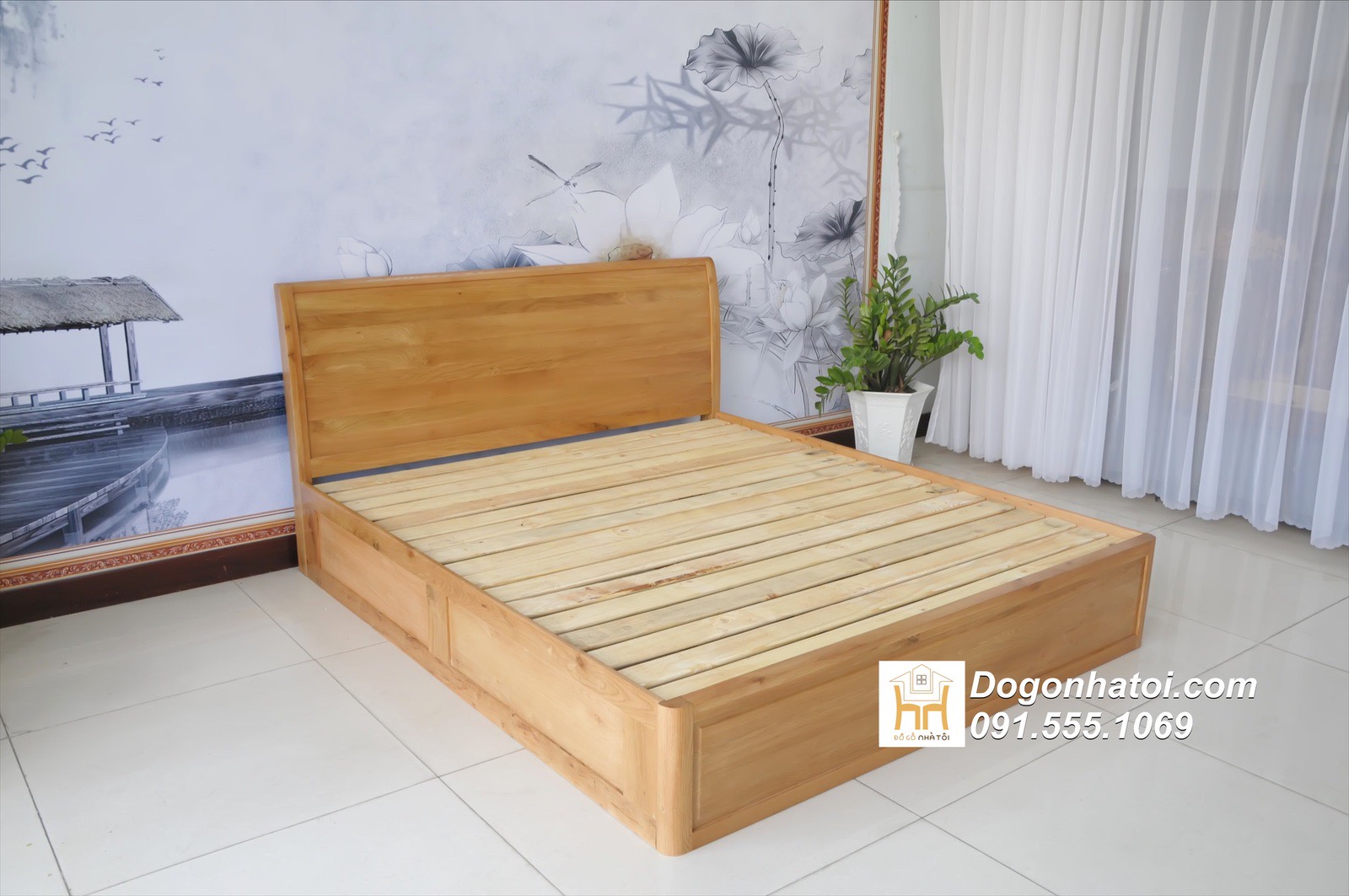 Giường ngủ gỗ sồi Mỹ đầu cong có ngăn kéo đẹp - GN316