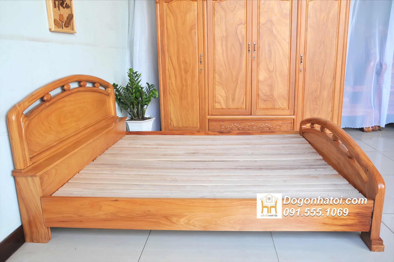 Giường gỗ gõ tự nhiên kiểu bi trơn hiện đại 1m6, 1m8 - GN303