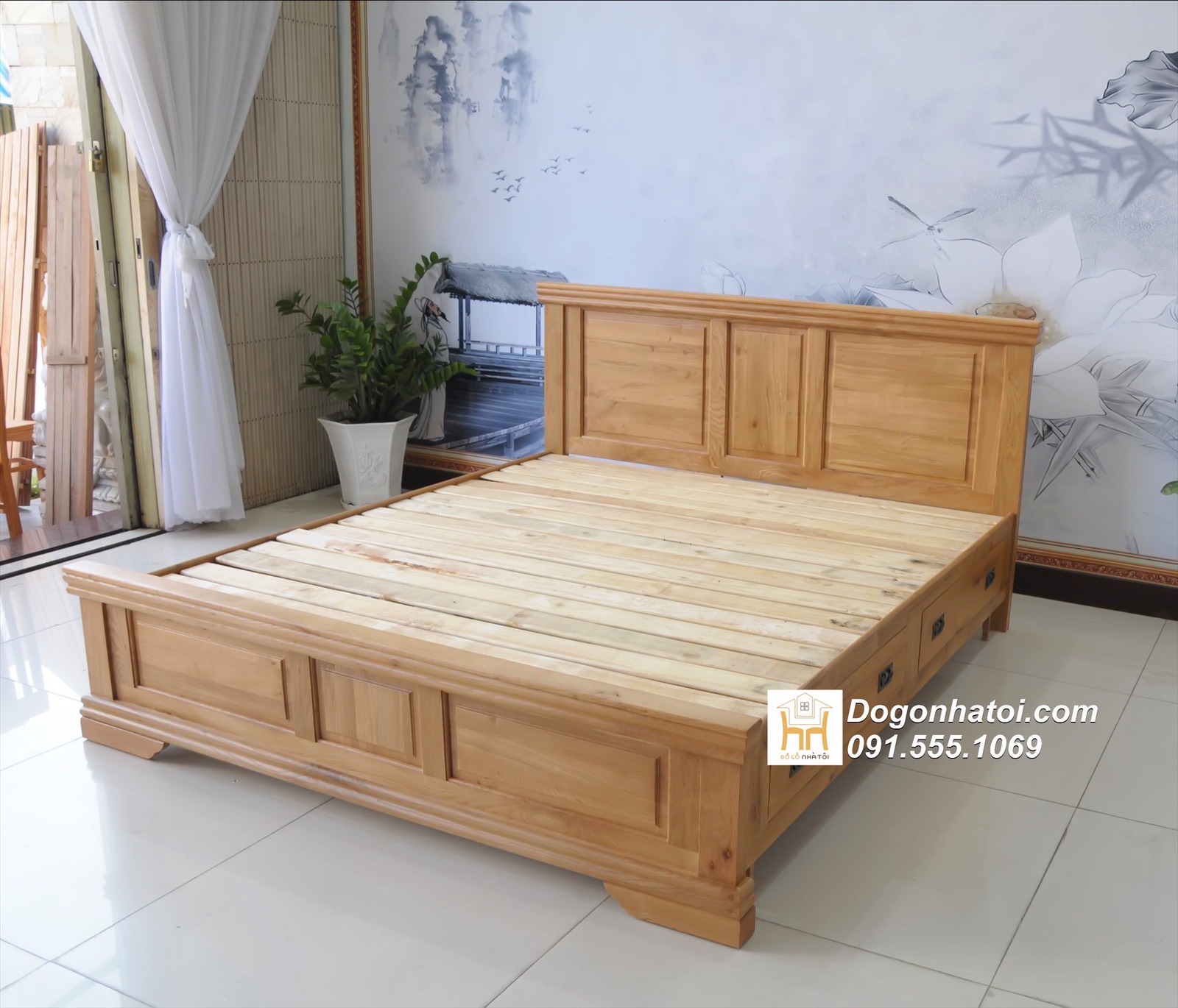 Giường gỗ sồi Mỹ có ngăn kéo hông giá rẻ 1m6, 1m8 - GN315