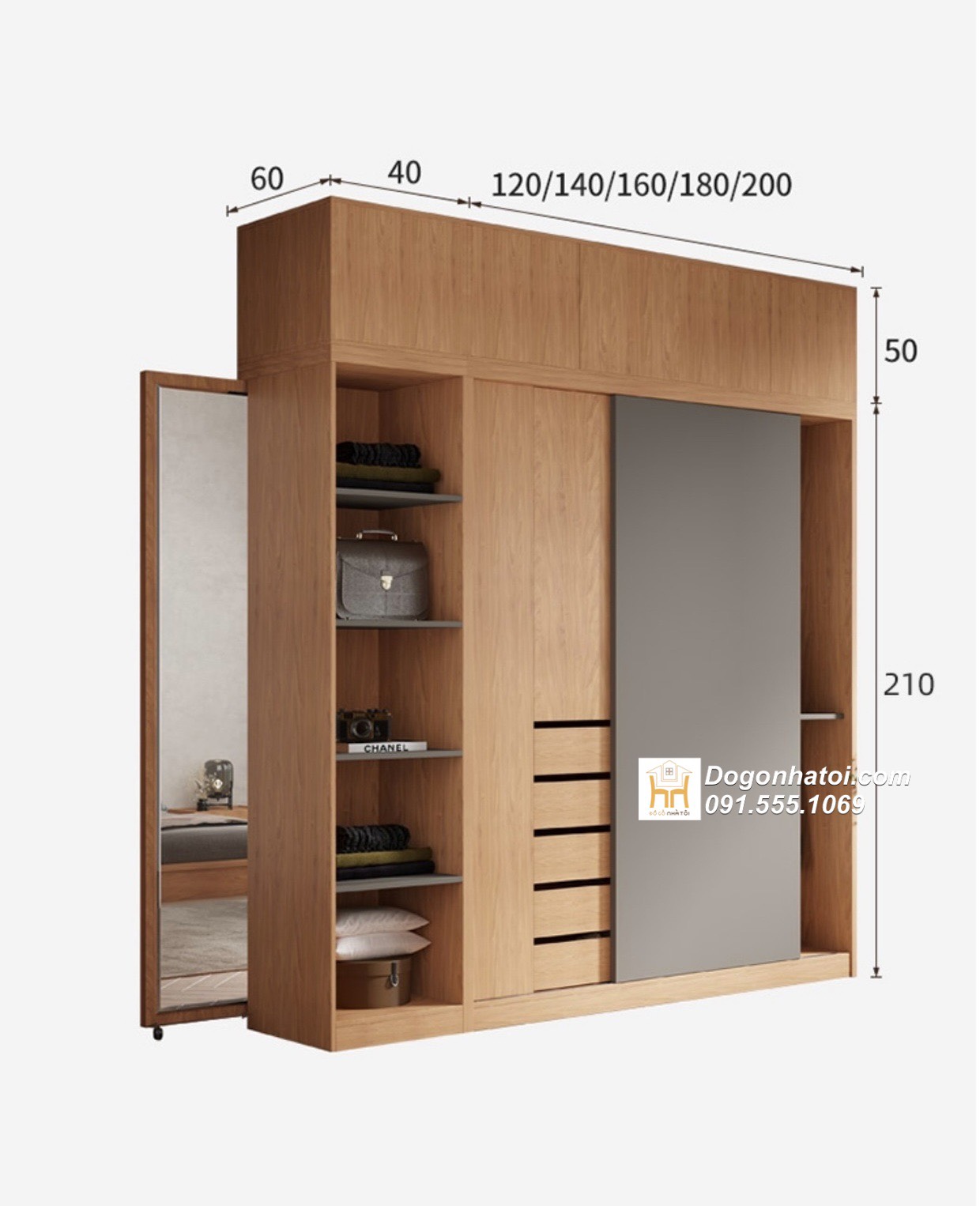 Tủ quần áo cửa lùa gỗ mdf đẹp 2m x 1m8 - TA201 (2.400k/m2)