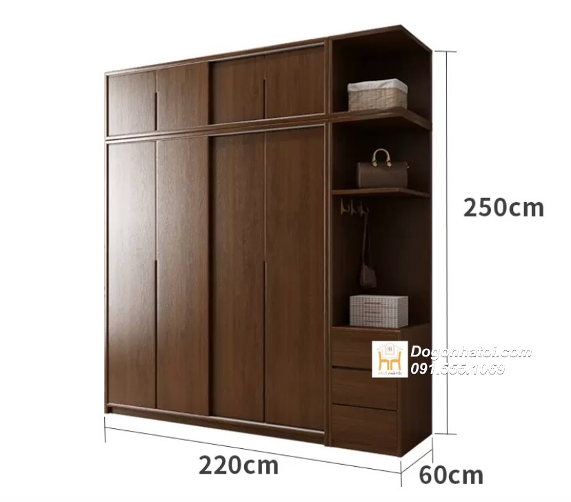 Tủ quần áo 2 cánh lùa gỗ tự nhiên C2m4 x D2m - TA238 (4.200k/m2)