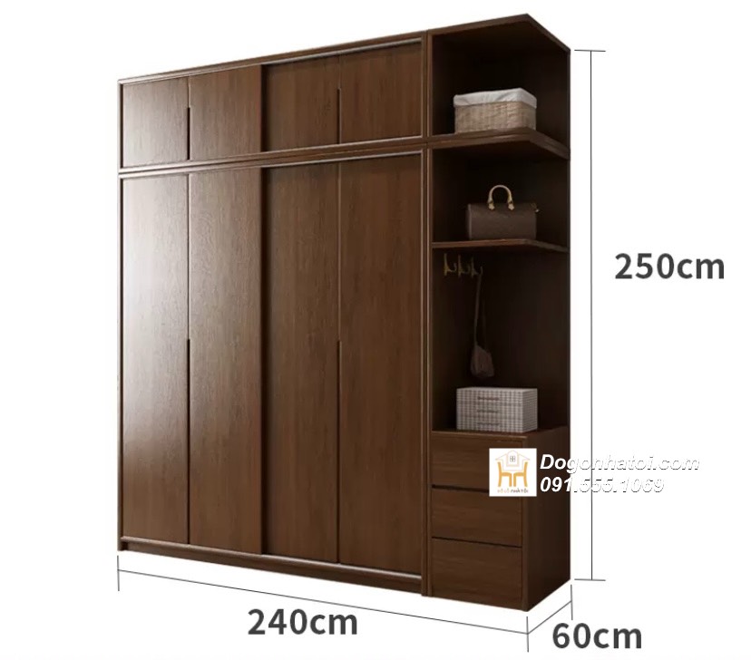 Tủ quần áo 2 cánh lùa gỗ tự nhiên C2m4 x D2m - TA238 (4.200k/m2)