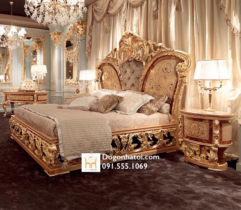 Giường ngủ cổ điển kiểu hoàng gia gỗ gõ đỏ